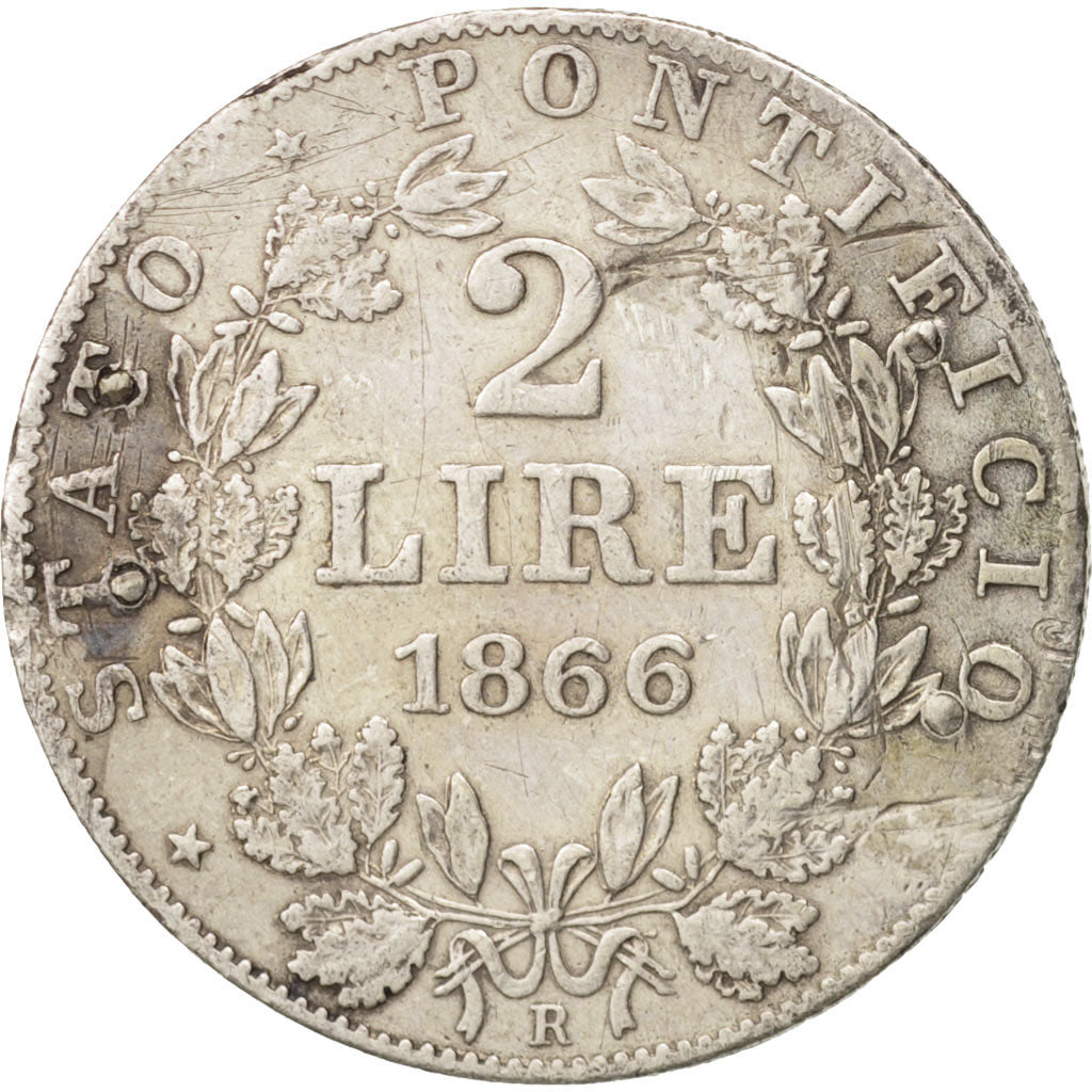 STATI ITALIANI, PAPAL STATES, Pius IX, 2 Lire, 1866, MB, Argento, KM:1379.2