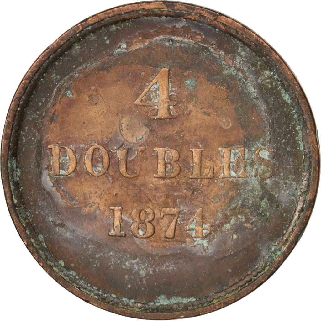 Guernsey, 4 Doubles, 1874, Heaton, Birmingham, F(12-15), Bronze, KM:5