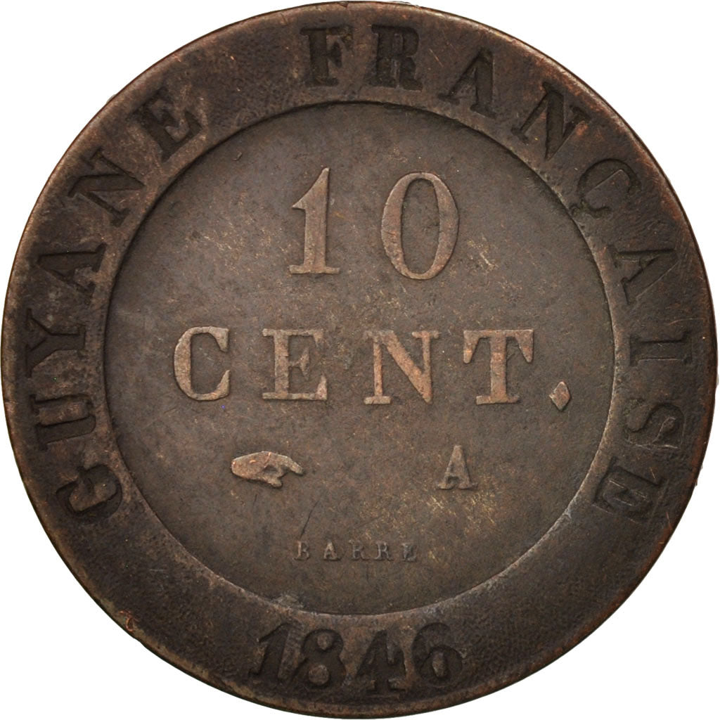 FRENCH GUIANA, 10 Centimes, 1856, EF(40-45), Billon, KM:A2, Lecompte:32