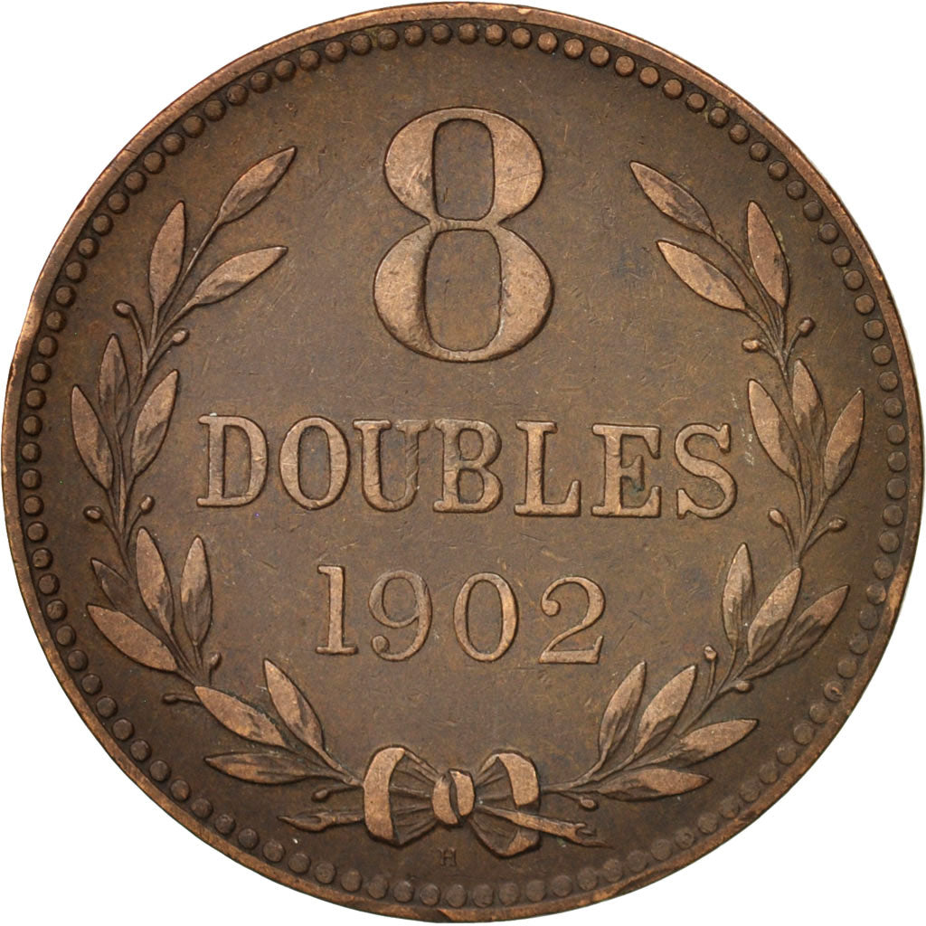 Coin, Guernsey, 8 Doubles, 1902, Heaton, Birmingham, EF(40-45), Bronze, KM:7