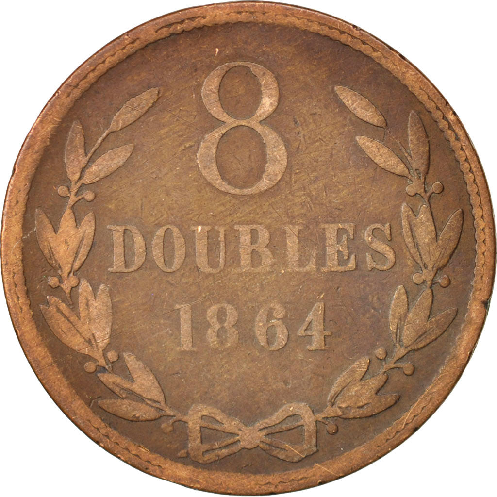 Coin, Guernsey, 8 Doubles, 1864, Heaton, Birmingham, VF(20-25), Bronze, KM:7