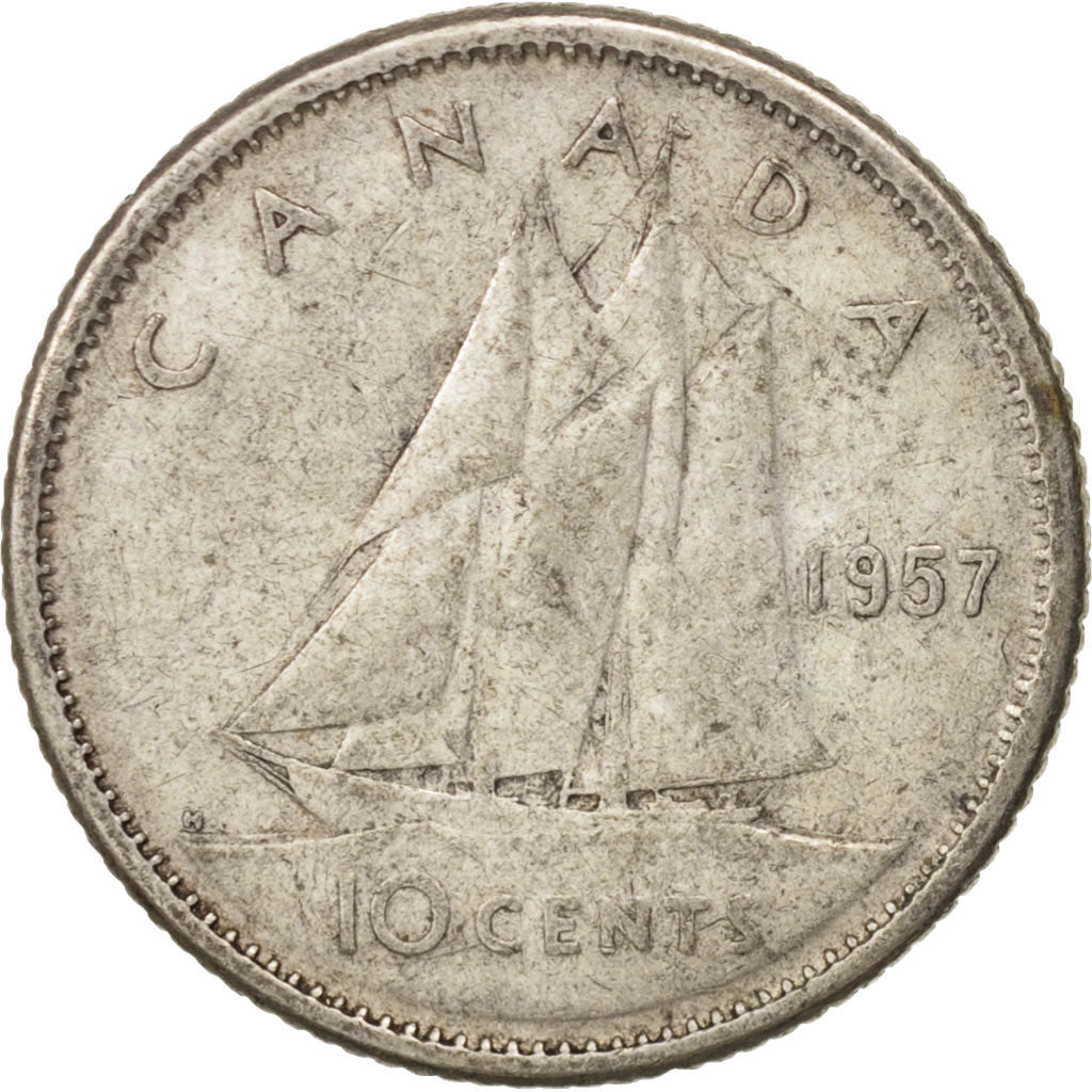 Canada, Elizabeth II, 10 Cents, 1957, Royal Canadian Mint, Ottawa, BB, Argent...
