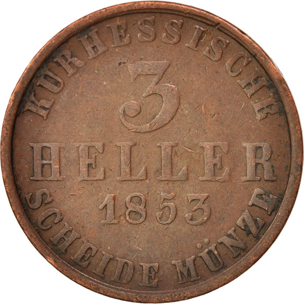 German States, HESSE-CASSEL, Friedrich Wilhelm, 3 Heller, 1853, VF(30-35)