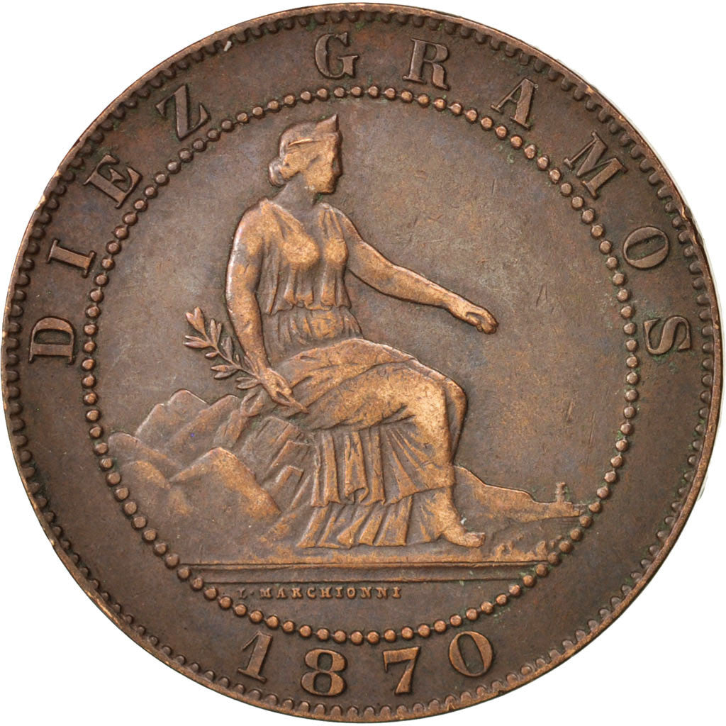 Spain, Provisional Government, 10 Centimos, 1870, EF(40-45), Copper, KM:663