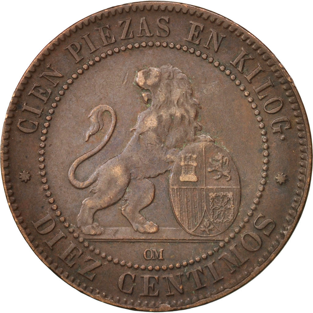 Spain, Provisional Government, 10 Centimos, 1870, EF(40-45), Copper, KM:663