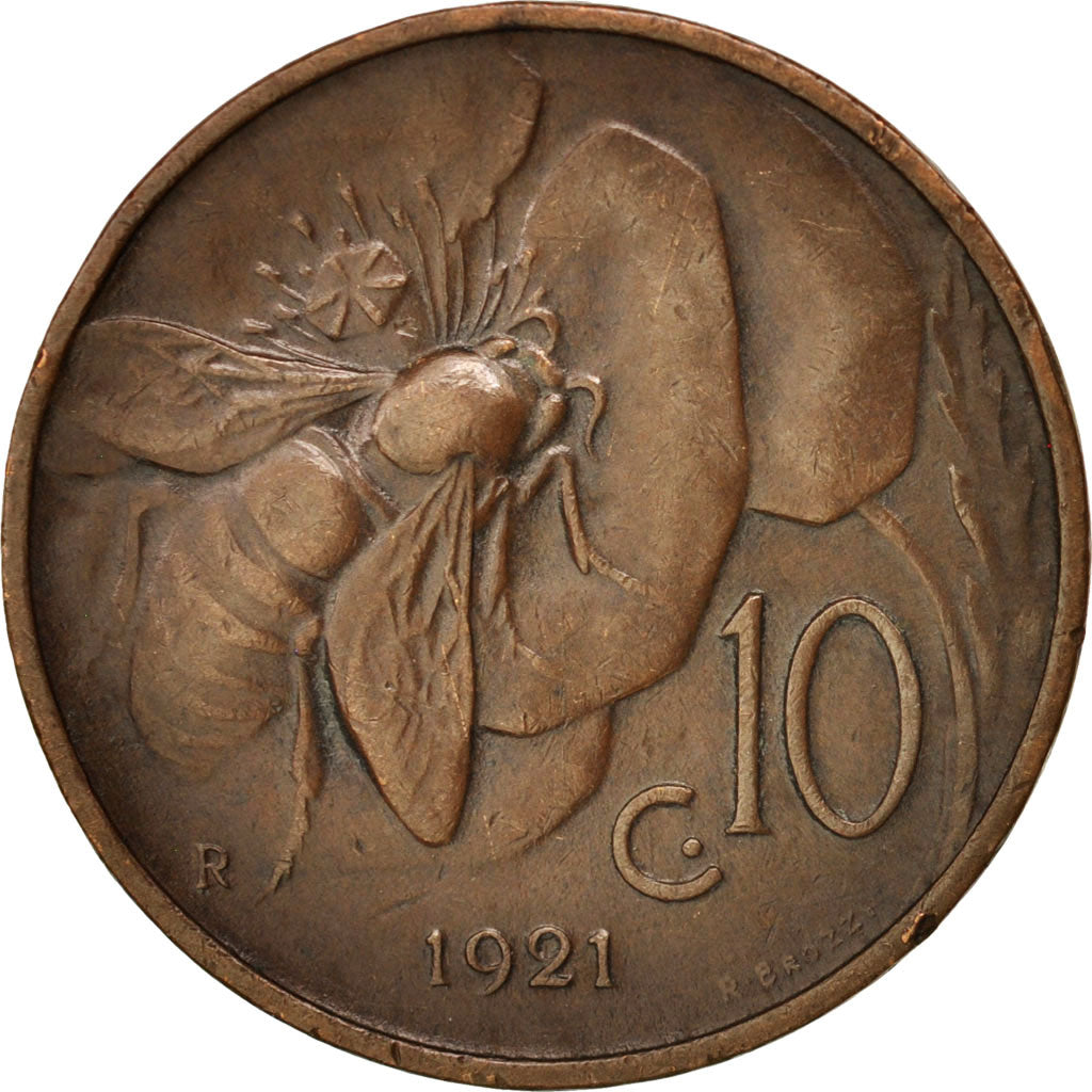 Italy, Vittorio Emanuele III, 10 Centesimi, 1921, Rome, AU(50-53), Bronze, KM:60