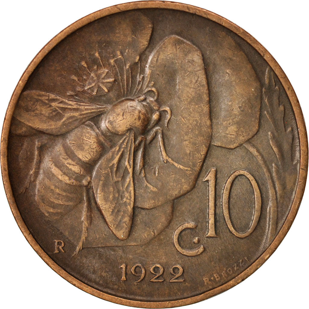 Italy, Vittorio Emanuele III, 10 Centesimi, 1922, Rome, EF(40-45), Bronze, KM:60