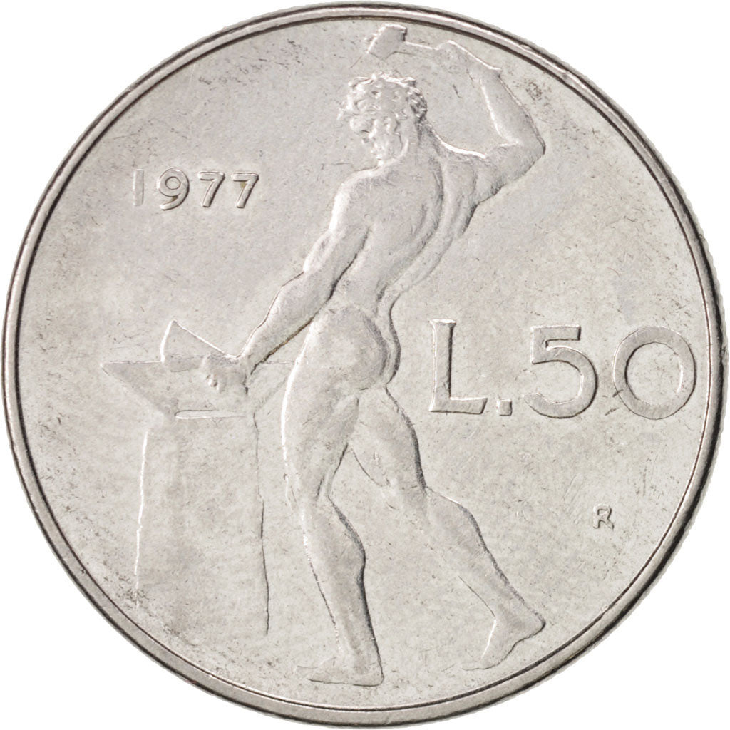 Coin, Italy, 50 Lire, 1977, Rome, EF(40-45), Stainless Steel, KM:95.1