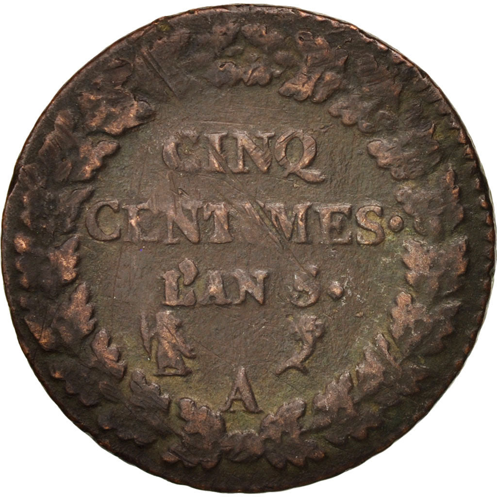 France, Dupré, 5 Centimes, 1796, Paris, VF(30-35), Bronze, KM:640.1