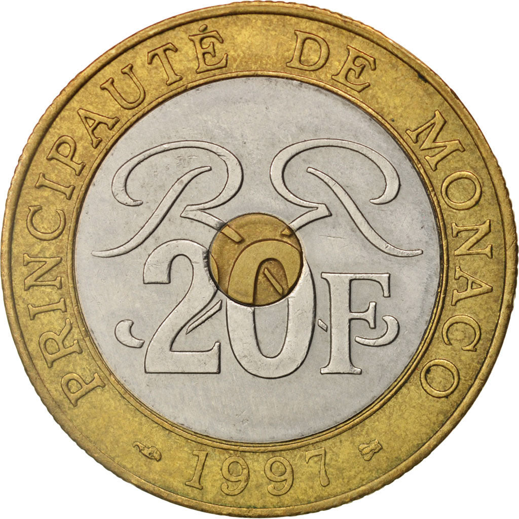 Monaco, Rainier III, 20 Francs, 1997, AU(50-53), Tri-Metallic, KM:165