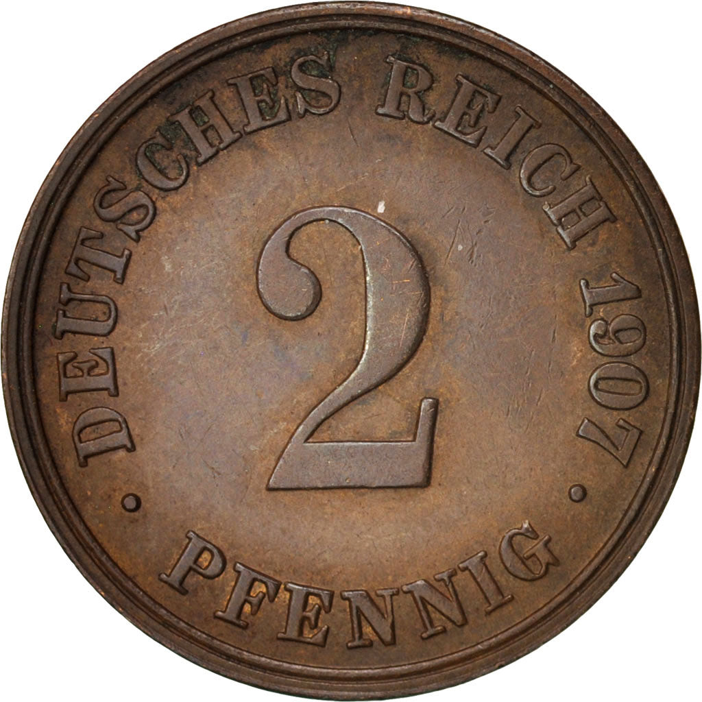 GERMANY - EMPIRE, Wilhelm II, 2 Pfennig, 1907, AU(50-53), Copper, KM:16