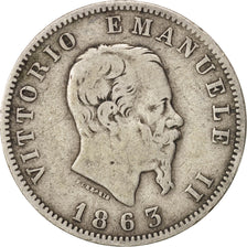 Munten, Italië, Vittorio Emanuele II, Lira, 1863, Milan, FR+, Zilver, KM:5a.1