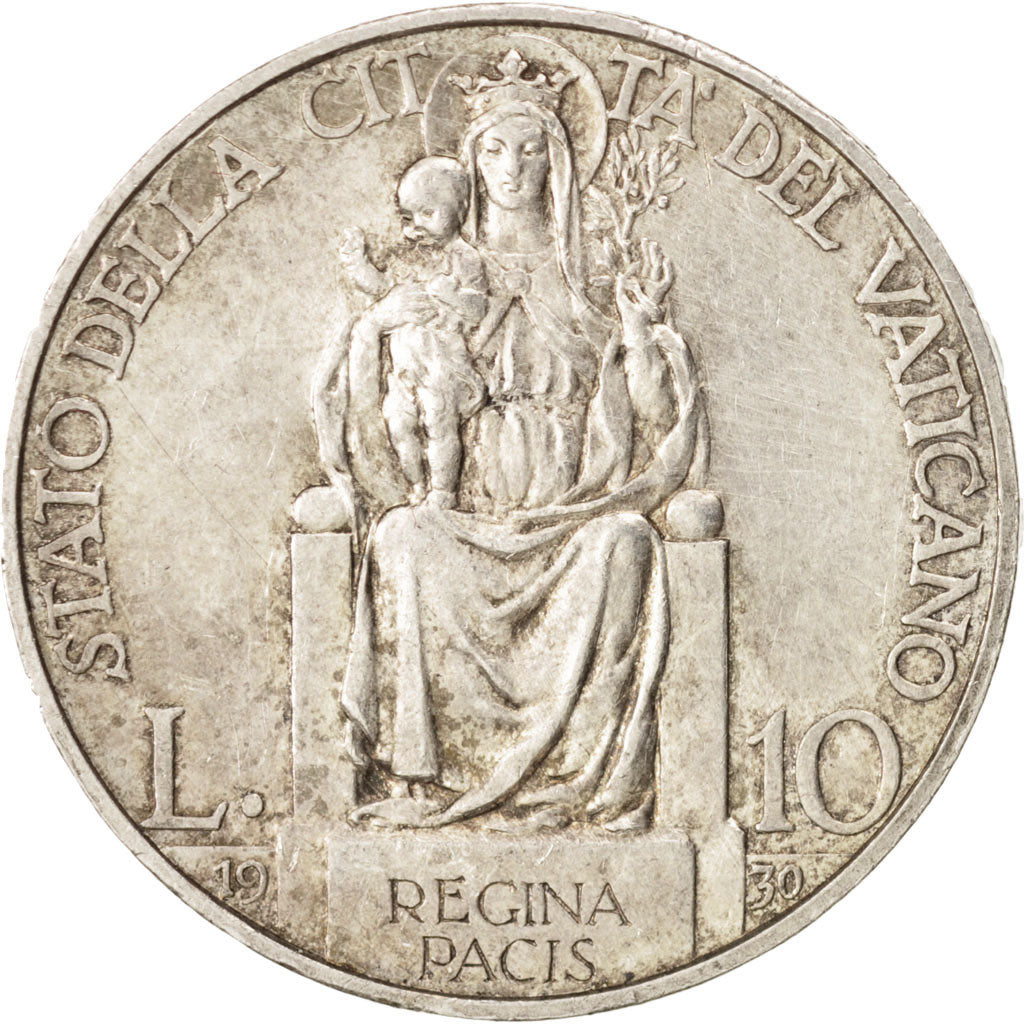 VATICAN CITY, Pius XI, 10 Lire, 1930, Roma, AU(55-58), Silver, KM:8