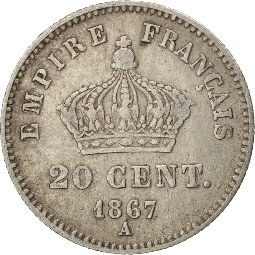 France, Napoleon III, Napoléon III, 20 Centimes, 1867, Paris, VF(30-35)
