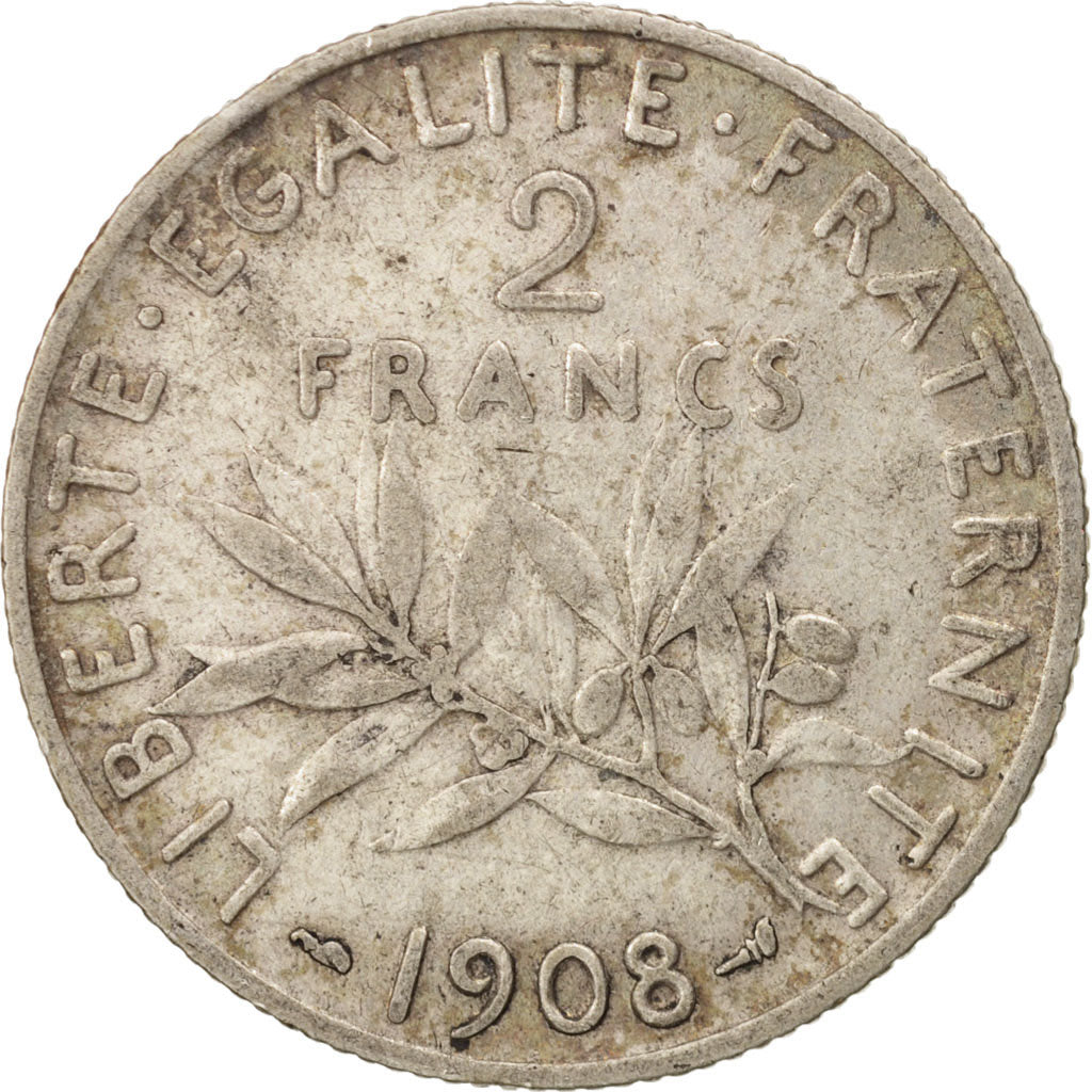 France, Semeuse, 2 Francs, 1908, Paris, VF(20-25), Silver, KM:845.1, Gadoury:532