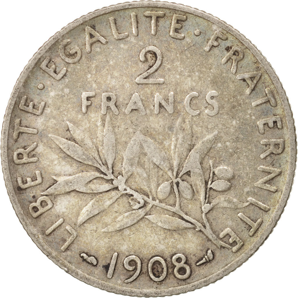 Coin, France, Semeuse, 2 Francs, 1908, Paris, VF(20-25), Silver, KM:845.1