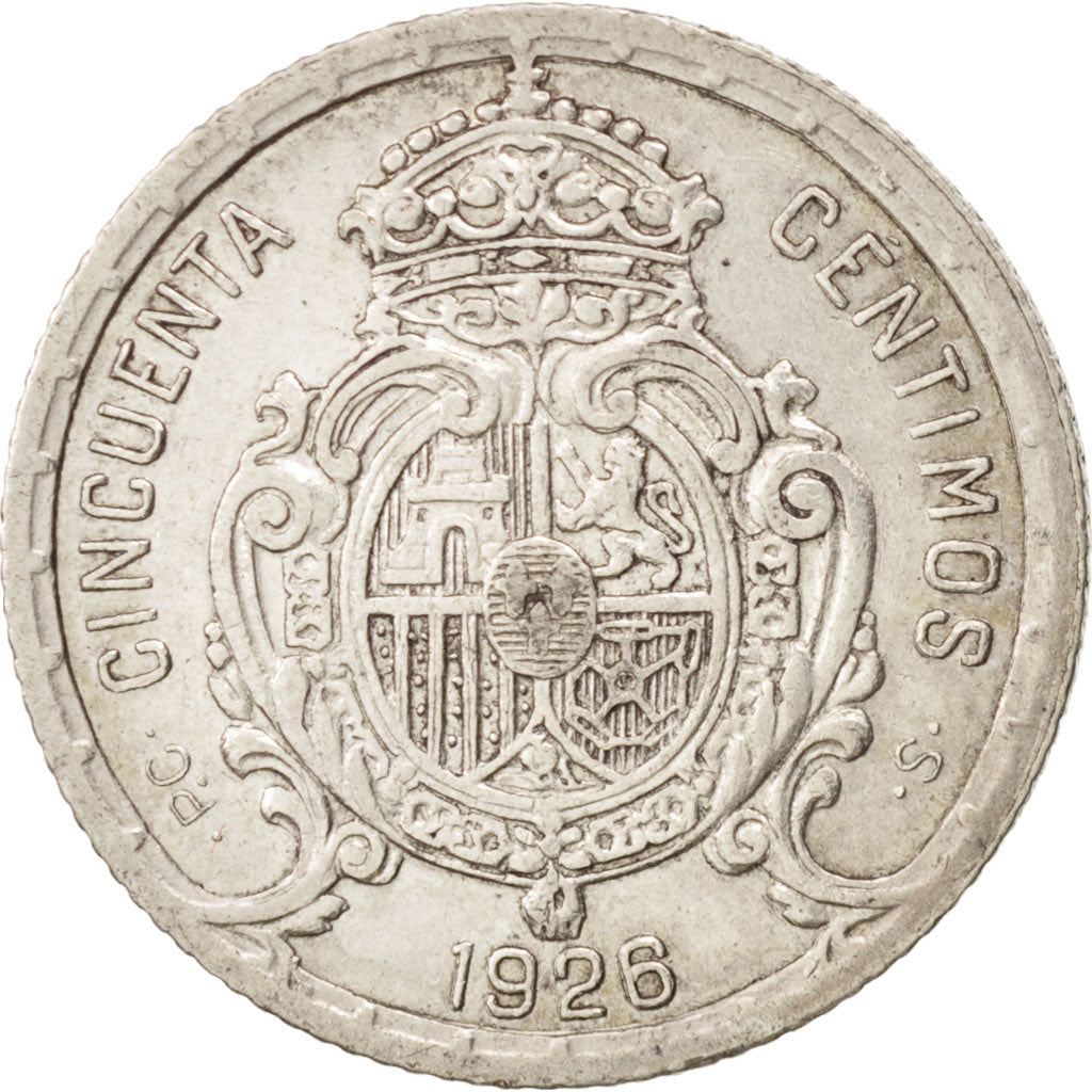 Spain, Alfonso XIII, 50 Centimos, 1926, AU(50-53), Silver, KM:741