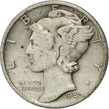 UNITED STATES, Mercury Dime, Dime, 1940, U.S. Mint, KM #140, EF(40-45), Silver,.