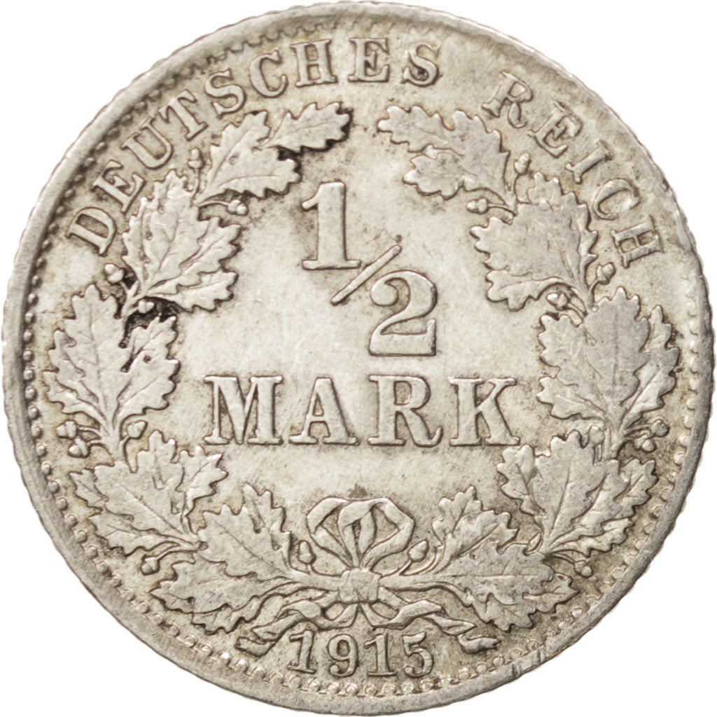 Coin, GERMANY - EMPIRE, 1/2 Mark, 1915, Munich, AU(50-53), Silver, KM:17