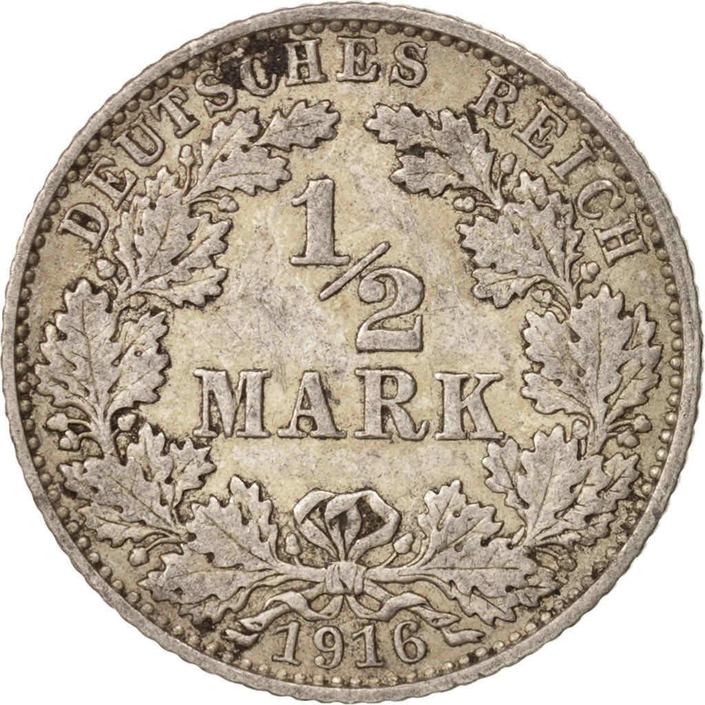 GERMANY - EMPIRE, 1/2 Mark, 1916, Muldenhütten, AU(50-53), Silver, KM:17