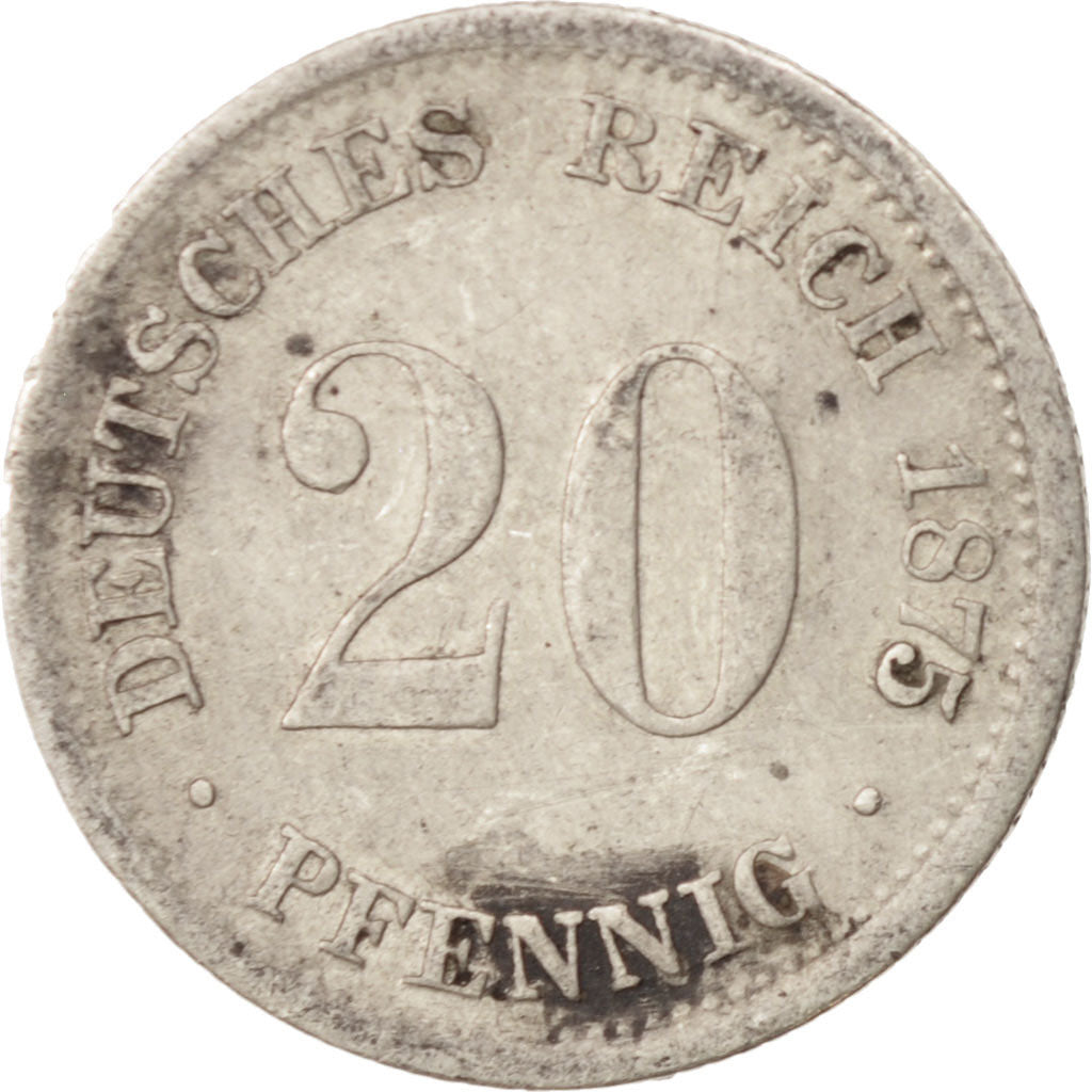 GERMANY - EMPIRE, Wilhelm I, 20 Pfennig, 1875, Stuttgart, AU(50-53), Silver
