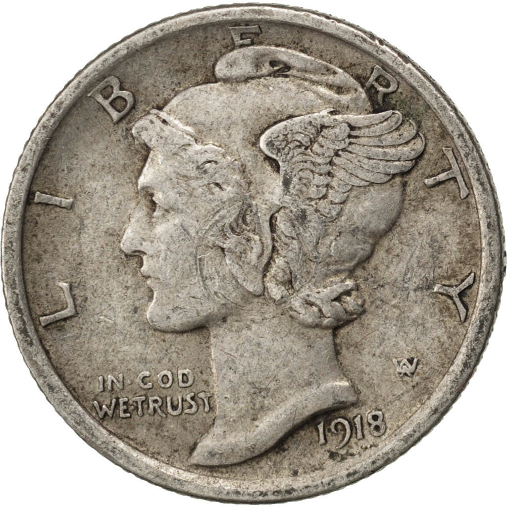UNITED STATES, Mercury Dime, Dime, 1918, U.S. Mint, KM #140, EF(40-45), Silver,.