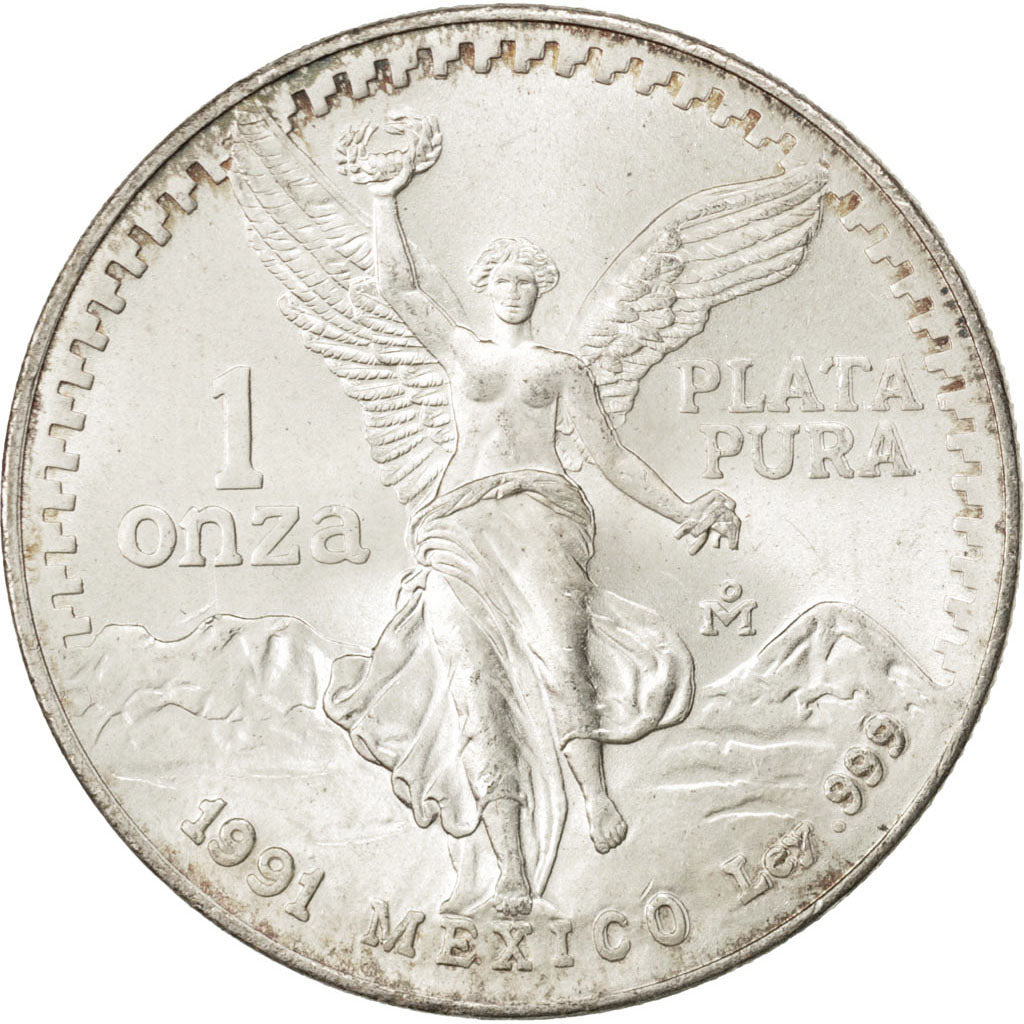 MEXICO, Onza, Troy Ounce of Silver, 1991, Mexico City, KM #494.2, MS(60-62),...