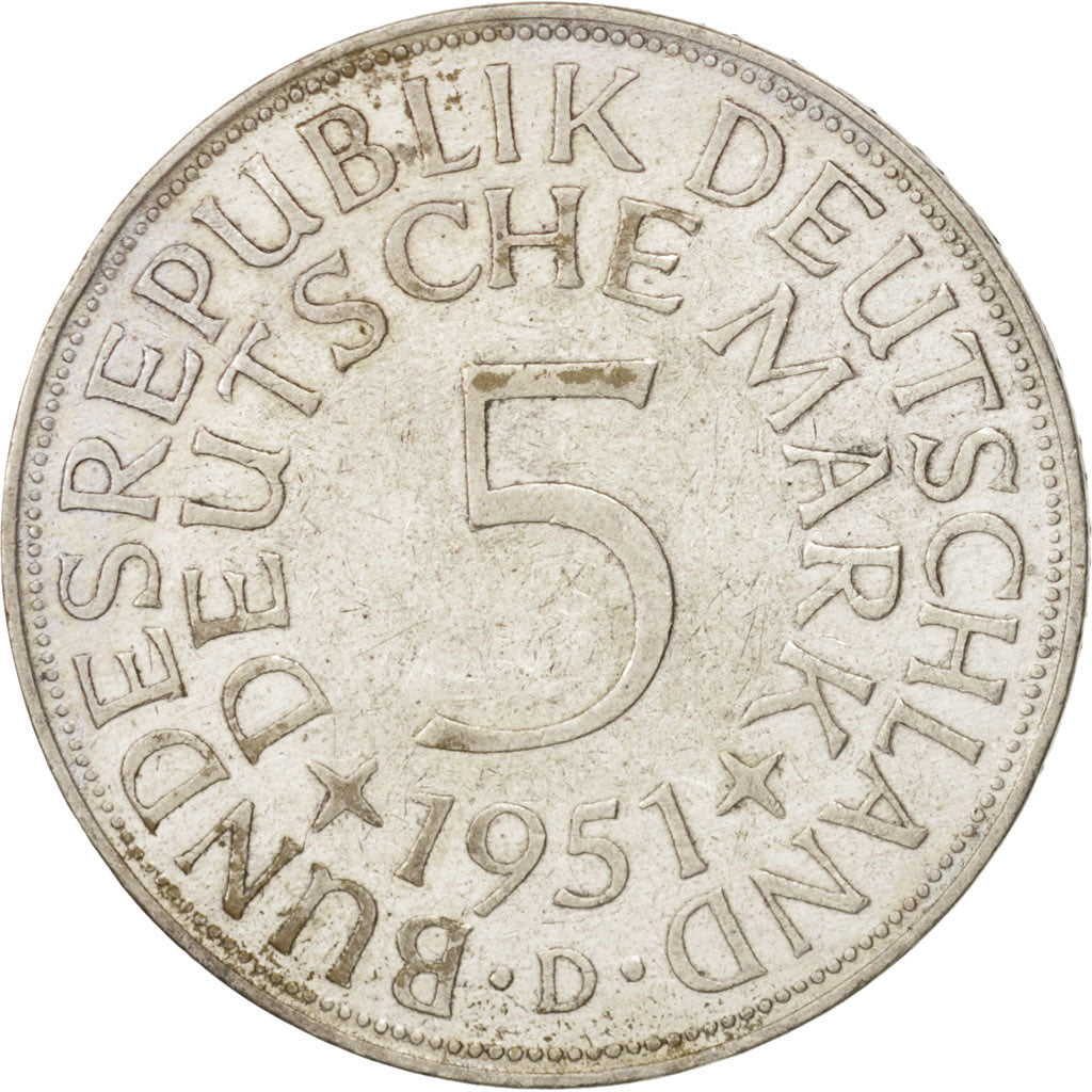 Coin, GERMANY - FEDERAL REPUBLIC, 5 Mark, 1951, Munich, EF(40-45), Silver