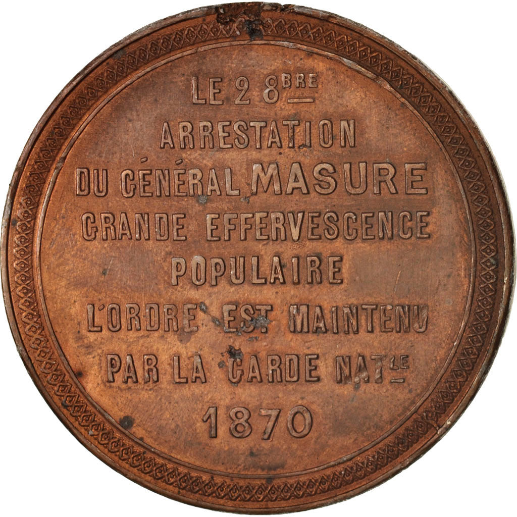 Francja, Medal, Arrestation du Général Masure, Historia, 1870, AU(50-53), Cyna