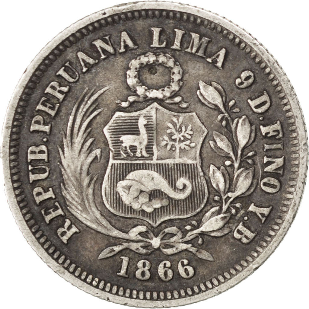 PERU, 1/5 Sol, 1866, Lima, KM #191, EF(40-45), Silver, 4.86