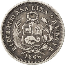 PERU, 1/5 Sol, 1866, Lima, KM #191, EF(40-45), Silver, 4.86