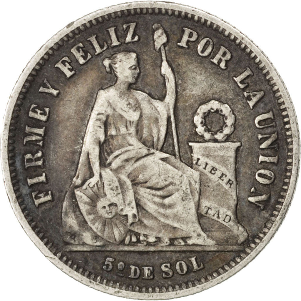 PERU, 1/5 Sol, 1866, Lima, KM #191, EF(40-45), Silver, 4.86