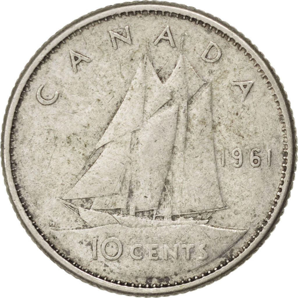 CANADA, 10 Cents, 1961, Royal Canadian Mint, KM #51, EF(40-45), Silver, 18, 2.25
