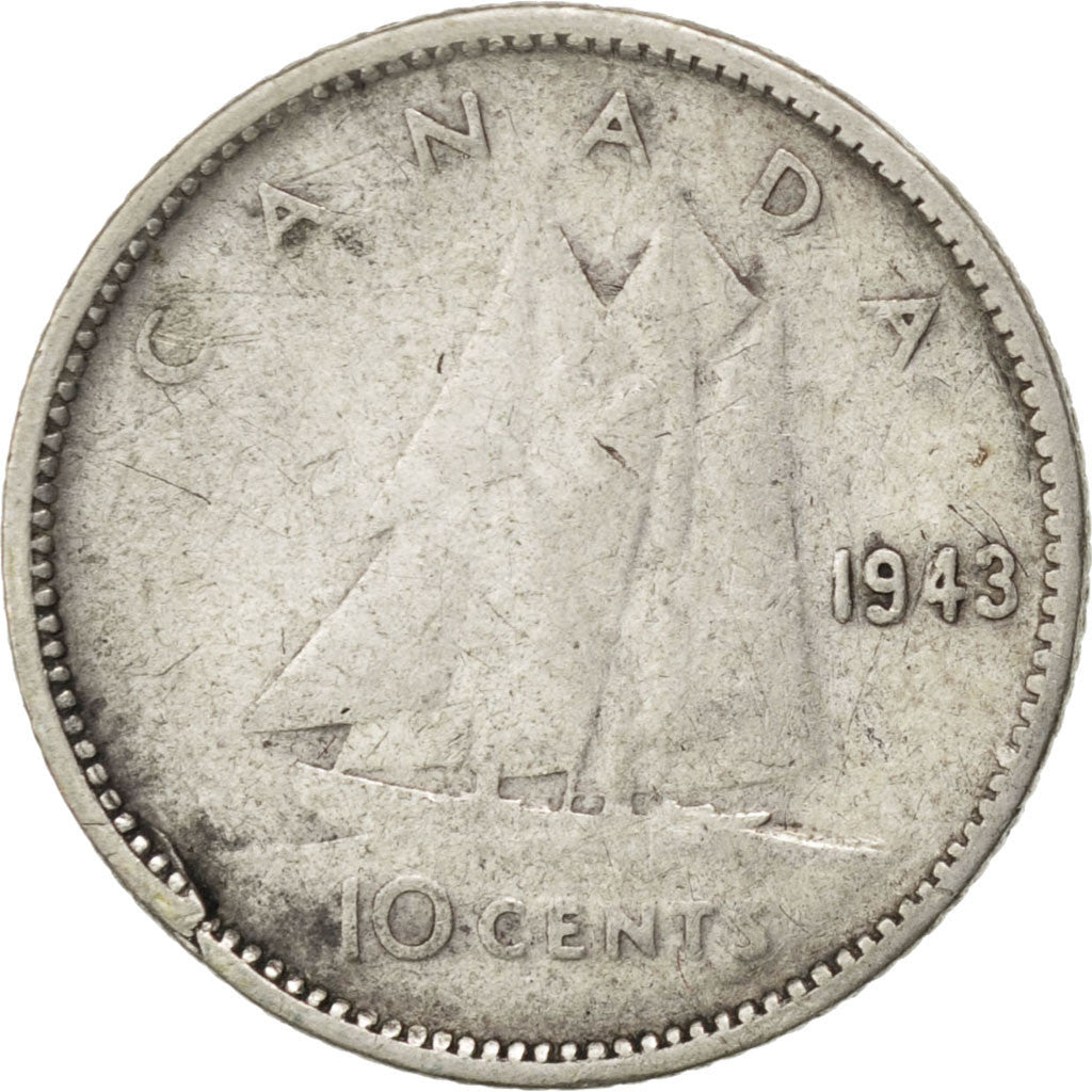 CANADA, 10 Cents, 1943, Royal Canadian Mint, KM #34, EF(40-45), Silver, 18.03,..
