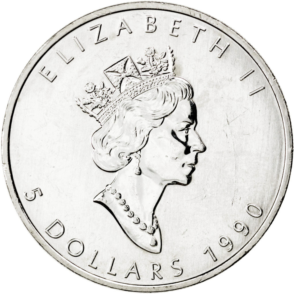CANADA, 5 Dollars, 1990, Royal Canadian Mint, KM #187, MS(63), Silver, 31.28