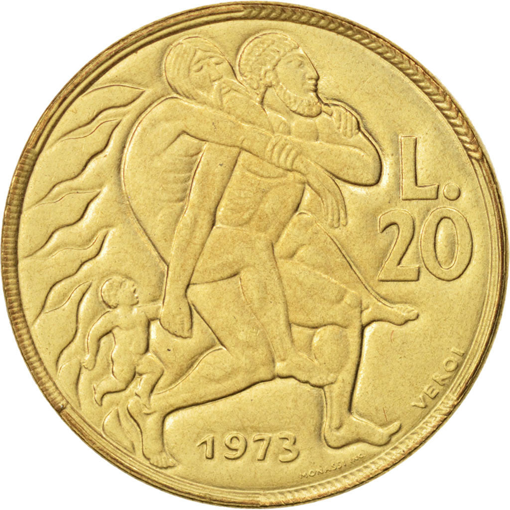 Coin, San Marino, 20 Lire, 1973, MS(65-70), Aluminum-Bronze, KM:26