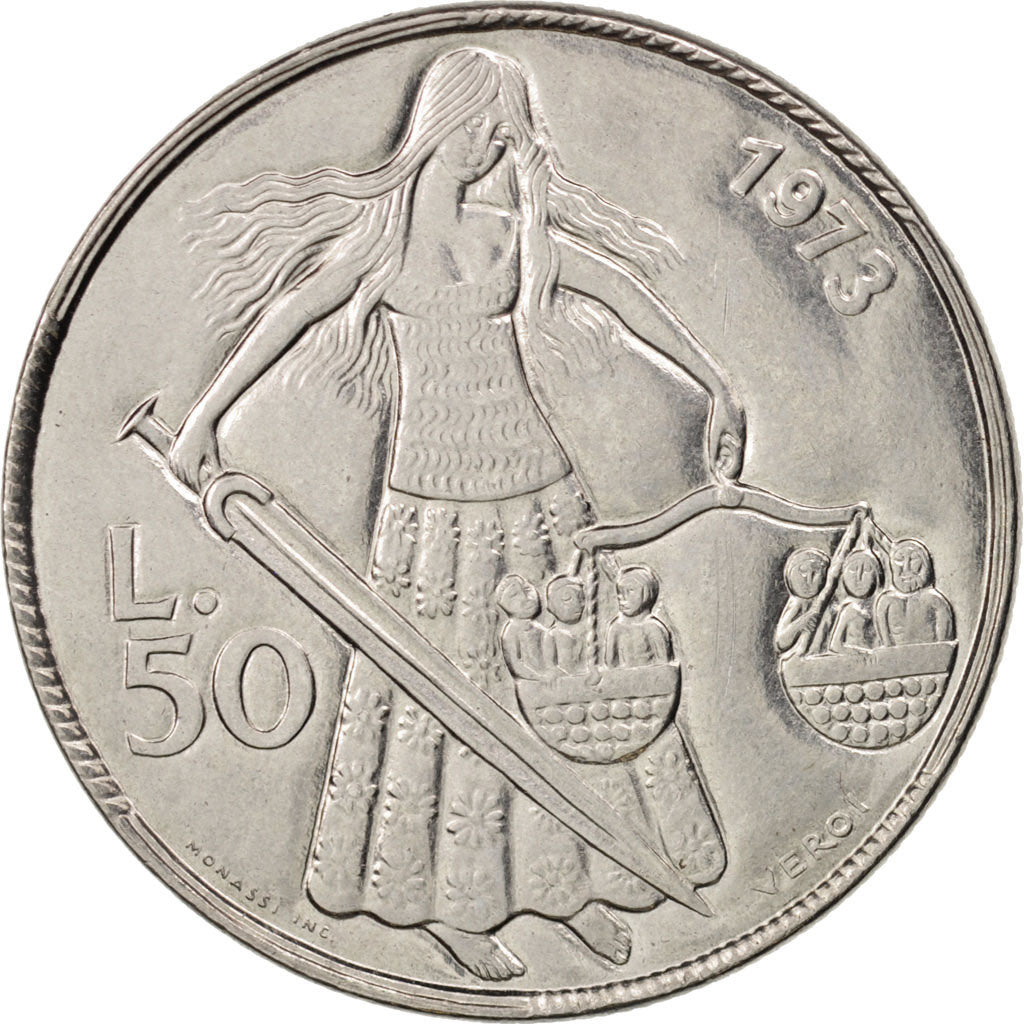 San Marino, 50 Lire, 1973, MS(65-70), Steel, KM:27