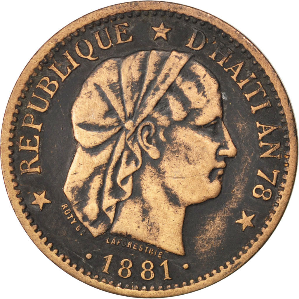 HAITI, 2 Centimes, 1881, KM #43, VF(30-35), Bronze, 30, 9.71