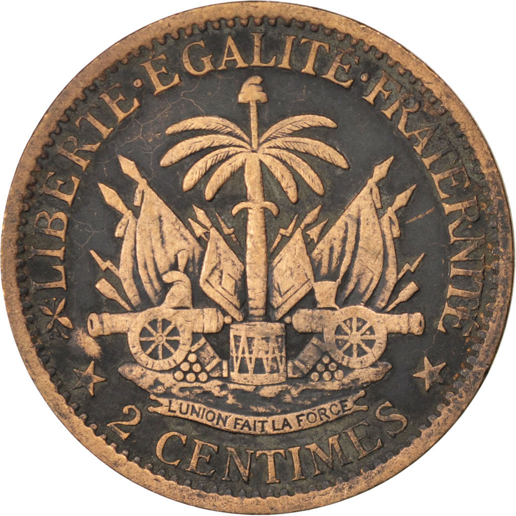 HAITI, 2 Centimes, 1881, KM #43, VF(30-35), Bronze, 30, 9.71