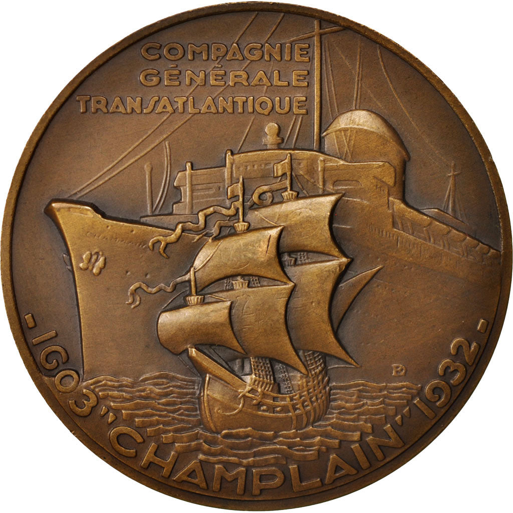 Francia, Medal, Compagnie Générale Transatlantique, Champlain, Shipping, 1932