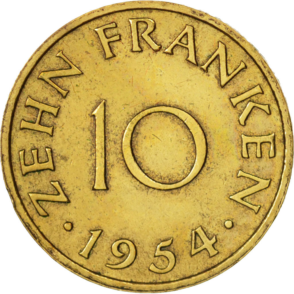 SAARLAND, 10 Franken, 1954, Paris, AU(50-53), Aluminum-Bronze, KM:1