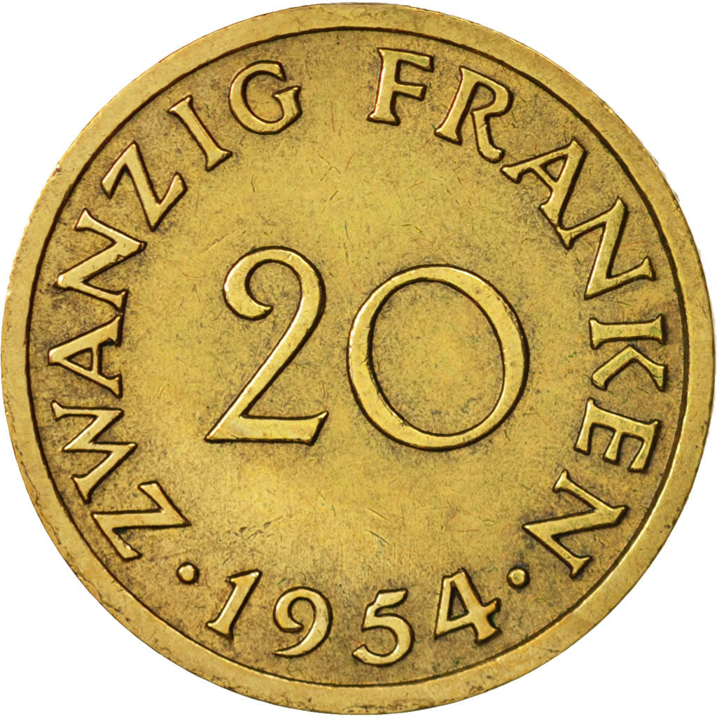 SAARLAND, 20 Franken, 1954, Paris, AU(50-53), Aluminum-Bronze, KM:2