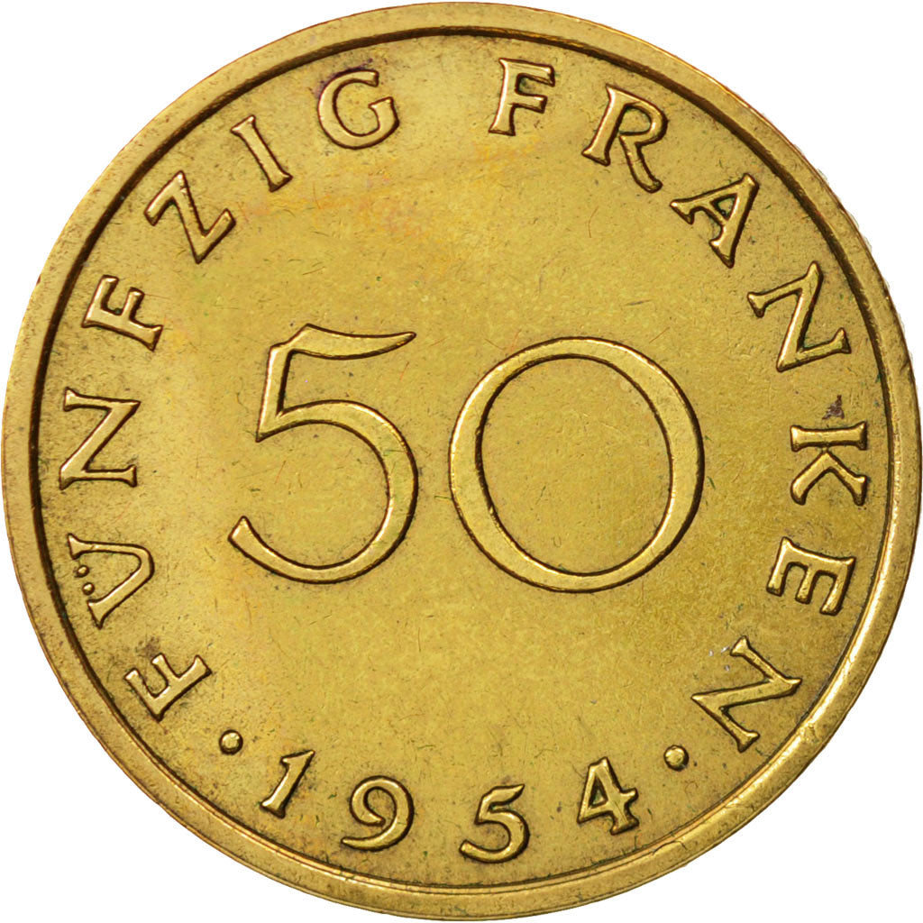 SAARLAND, 50 Franken, 1954, Paris, AU(50-53), Aluminum-Bronze, KM:3