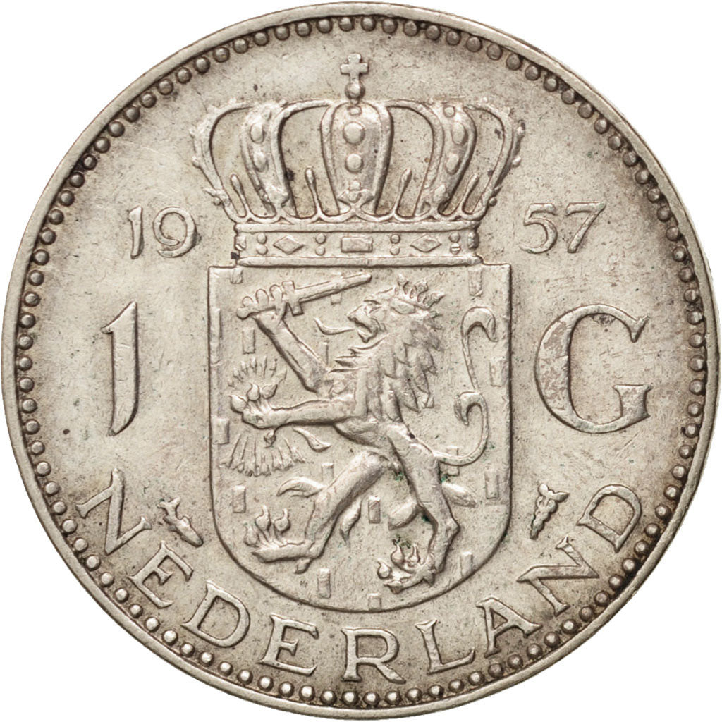 Coin, Netherlands, Juliana, Gulden, 1957, AU(50-53), Silver, KM:184