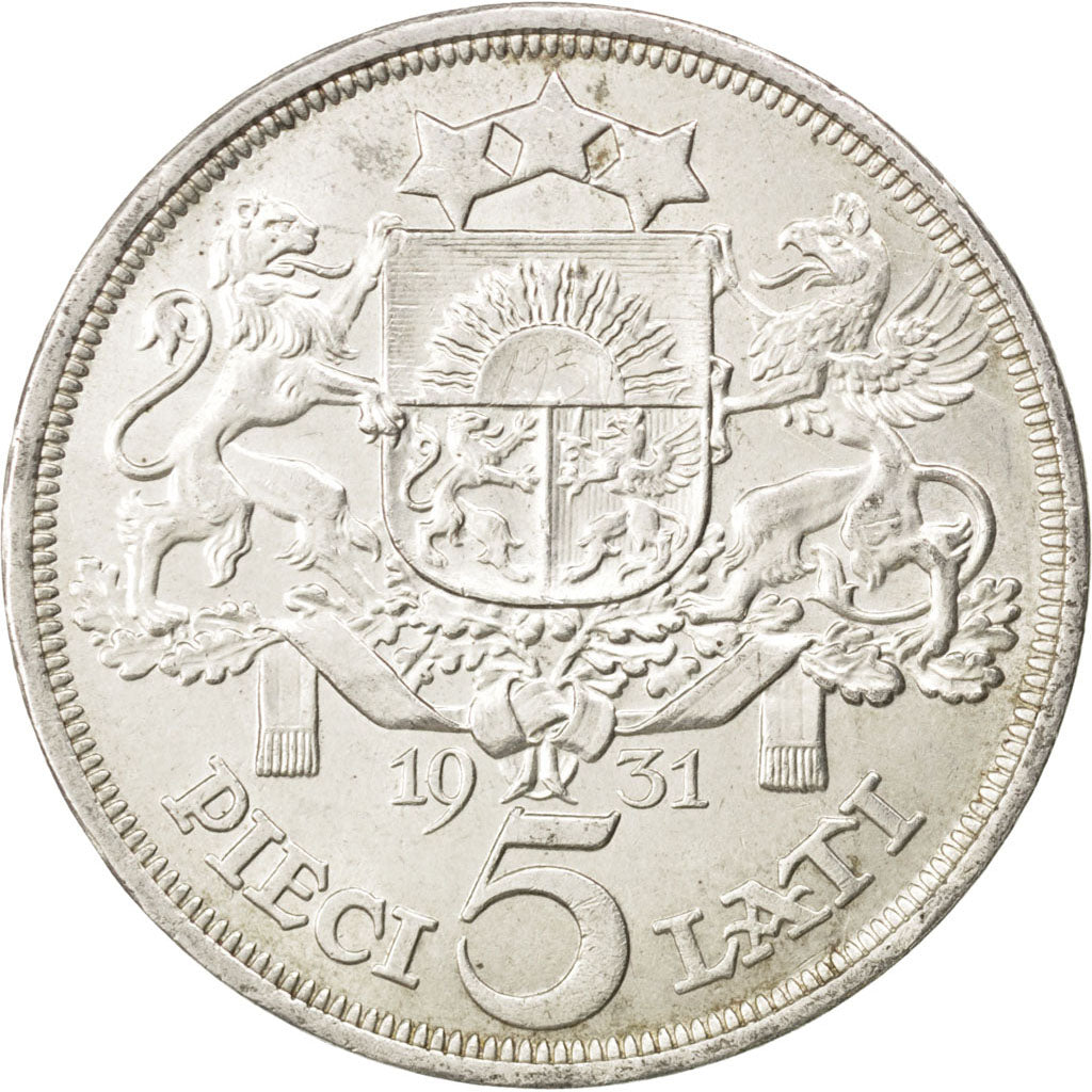 LATVIA, 5 Lati, 1931, KM #9, MS(60-62), Silver, 37, 24.92