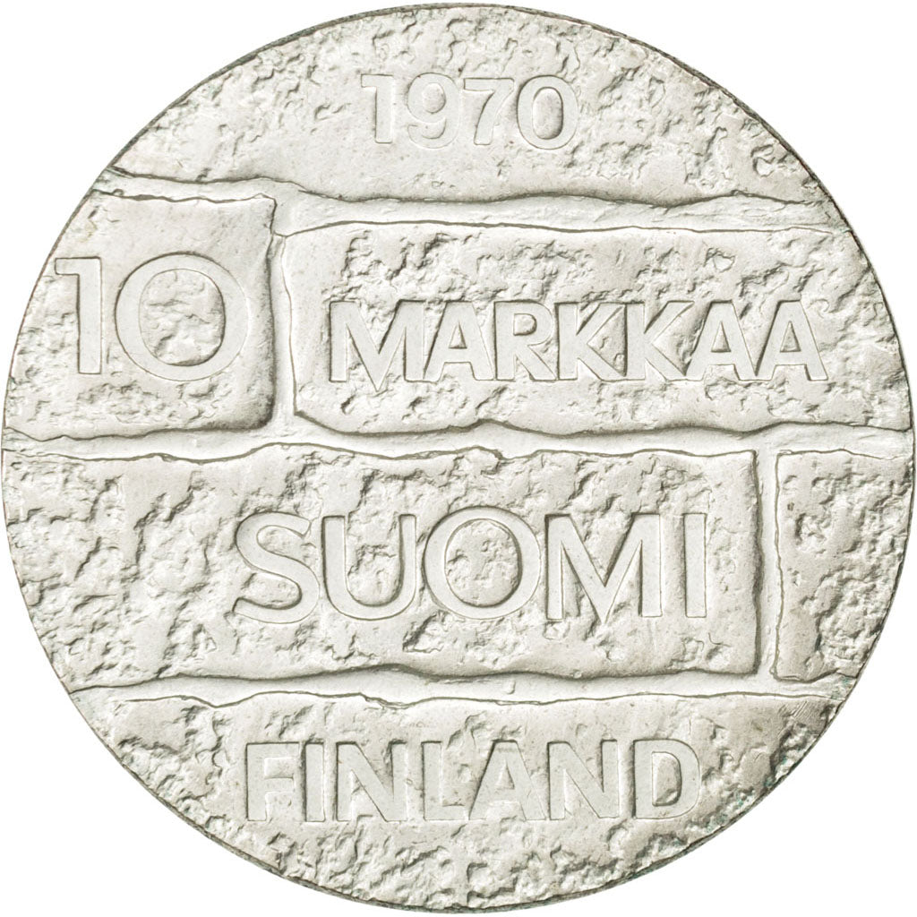 FINLAND, 10 Markkaa, 1970, KM #51, AU(55-58), Silver, 35, 22.27
