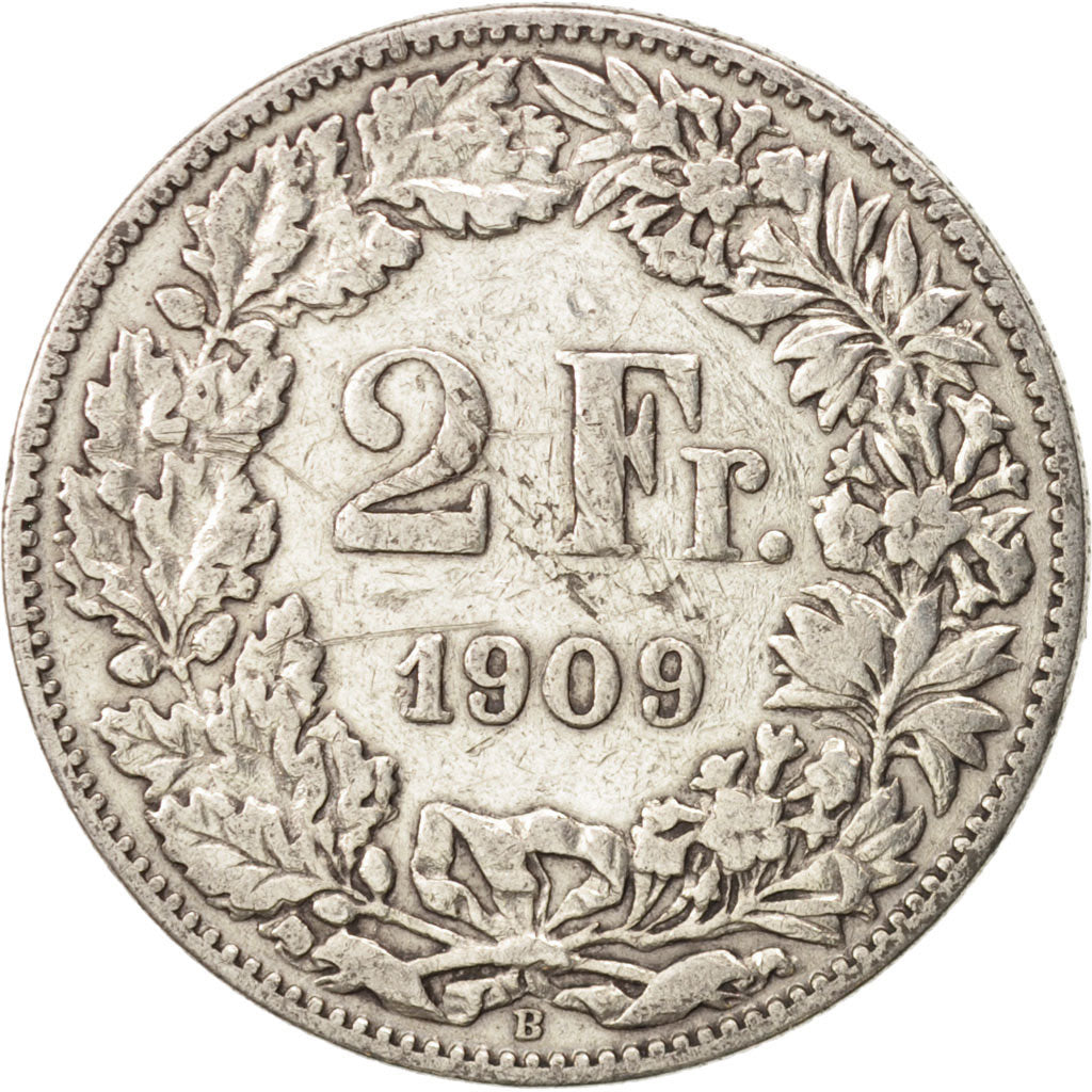 Switzerland, 2 Francs, 1909, Bern, VF(20-25), Silver, KM:21