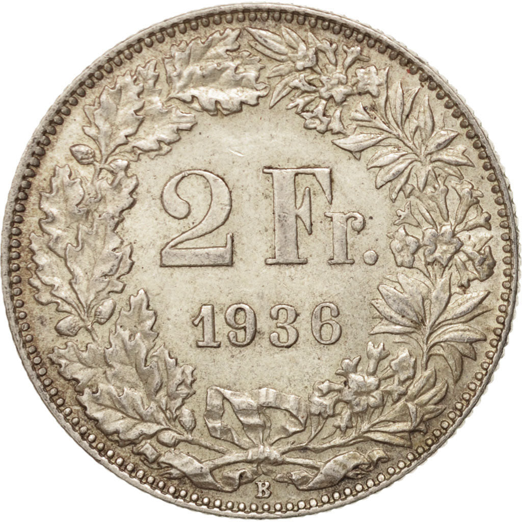 Switzerland, 2 Francs, 1936, Bern, AU(55-58), Silver, KM:21
