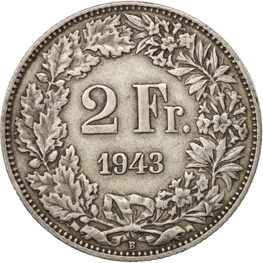Svizzera, 2 Francs, 1943, Bern, BB, Argento, KM:21