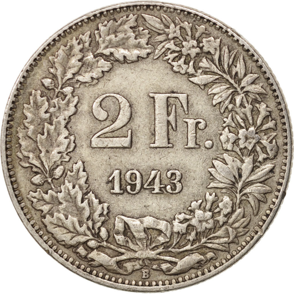 Coin, Switzerland, 2 Francs, 1943, Bern, EF(40-45), Silver, KM:21